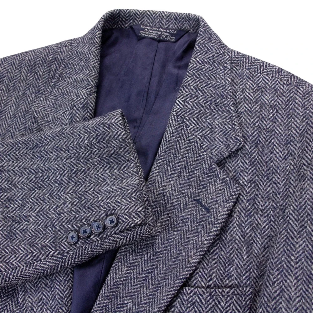 VTG Harris Tweed Lands End Mens 41R Blue Blazer Jacket Wool Herringbone USA